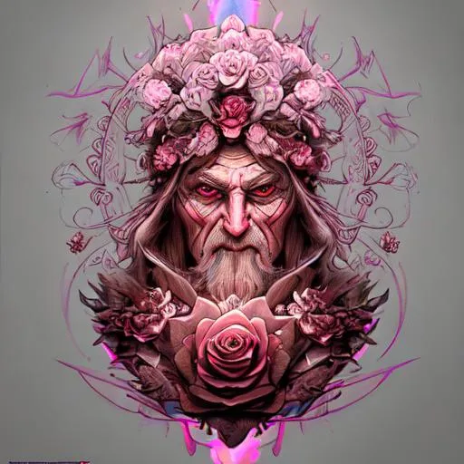 Prompt: pencil drawing, lines, happy ancient wizard, flowers, evil rose, pink and red, grandiose, overpowering render, dark fantasy, unreal engine, raytracing, post-processing, zbrush, substance painter, trending on ArtStation, epic perspective, composition, photorealistic, vfx, cgsociety, volumetric lighting, + cinematic + photo + realism + high detail, cgi, 8k, --ar 16:9