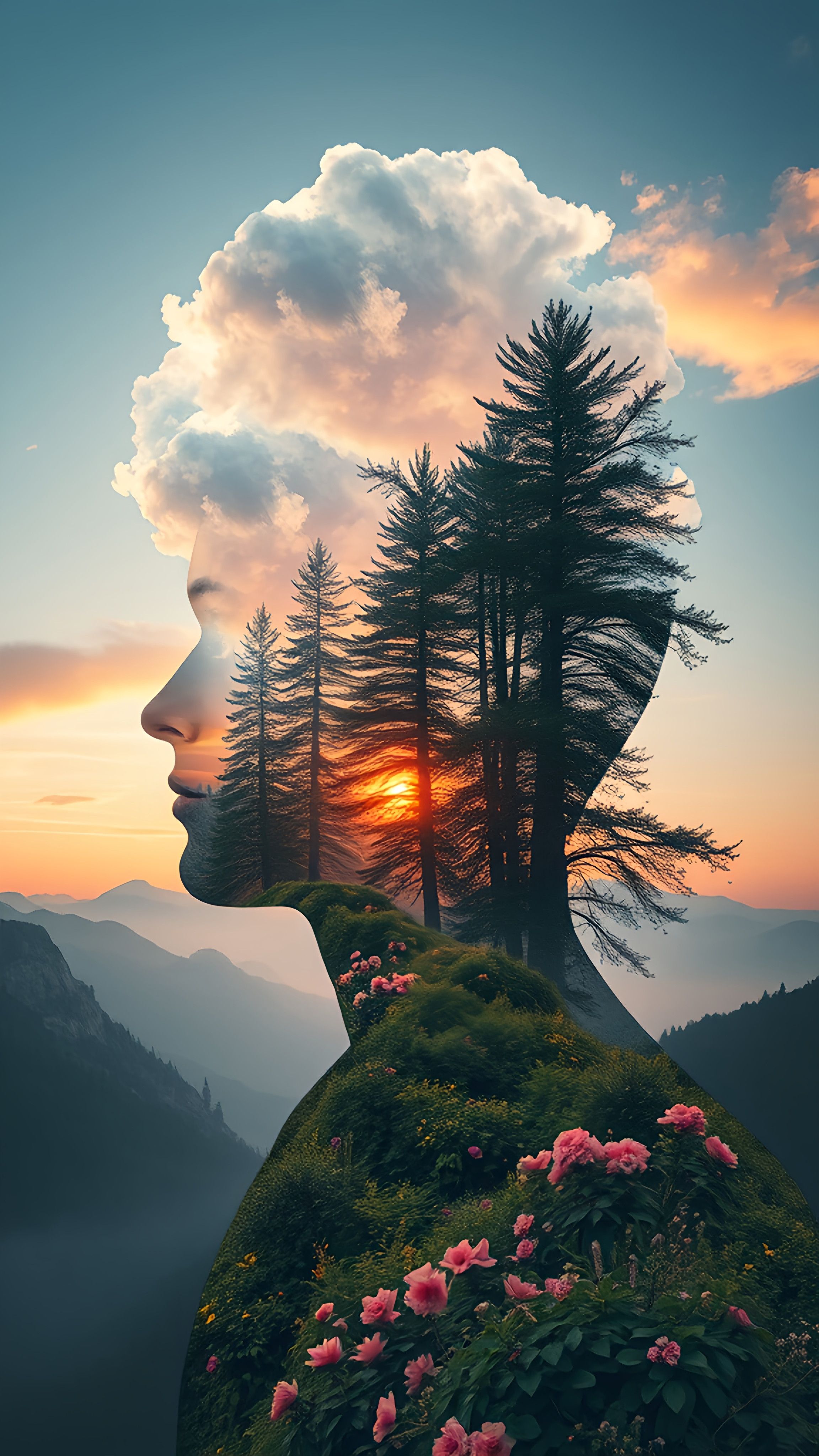 Prompt: a woman's face is shown with a tree and mountains in the background, and a sunset in the distance, environmental art, surreal photography, digital art