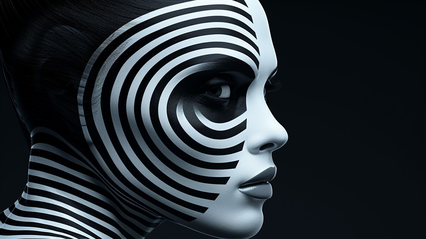 Prompt: Create an image of a human-like face with a futuristic aesthetic. The face should be framed by abstract, metallic elements that evoke a sense of advanced technology. Include sleek stripes of alternating colors across the face that complement the overall color scheme, but allow the eyes to be clearly visible, radiating a sharp, piercing look. The facial features should be detailed and realistic, with a touch of surrealism that blends organic and synthetic elements seamlessly. The background should be dark to highlight the subject, with subtle highlights that suggest a high-tech environment.