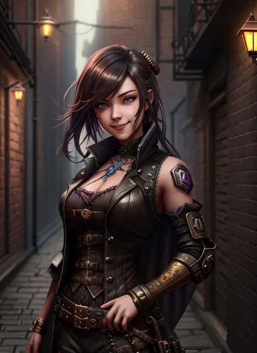 Prompt: digital painting, steampunk girl with smile, dark alley background with brick wall , Full-body portrait, detailed beautiful eyes,Portrait of a girl showing her hextech blade with blood dripping down and evil smile, by Akihito Yoshida, Technicolor, Sunlight, 8k, trending on Artstation, highly detail