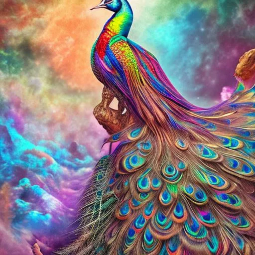 Prompt: Peacock, detailed rainbow feathers, art by Shiro Amano, surreal and quirky, award-winning CGI, 3 d, digital art