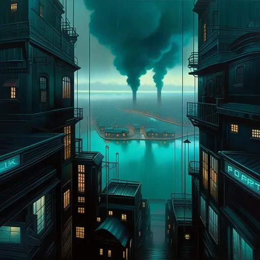 Prompt: Aerial view of Steelport, 2020s, rain, fog, dark teal atmosphere, cartoony style, extremely detailed painting by Greg Rutkowski and by Henry Justice Ford and by Steve Henderson