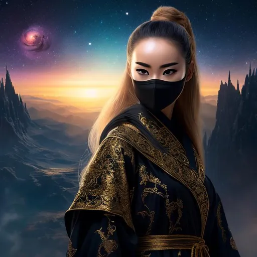 Prompt: create photograph of beautiful female ninja in black and gold robes with sunglasses on, extremely detailed face, space and planets an nebulae in sky highly detailed, extremely detailed environment, extremely detailed background, extremely detailed skin, natural colors , professionally color graded, photorealism, 8k, realistic, moody lighting, ambience lighting, complex filigree, galactic environment, volumetric lighting