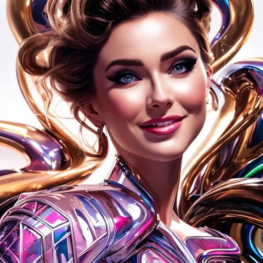 Prompt: attractive woman, fierce eyes, cynical smile, beautiful and angelic, full body pose with t1000, and alex ross,  graffiti art, splash art, street art, spray paint, oil gouache melting, acrylic, high contrast, colorful polychromatic, ultra detailed, ultra quality, CGSociety, depth of field, 3d render, unreal engine 5