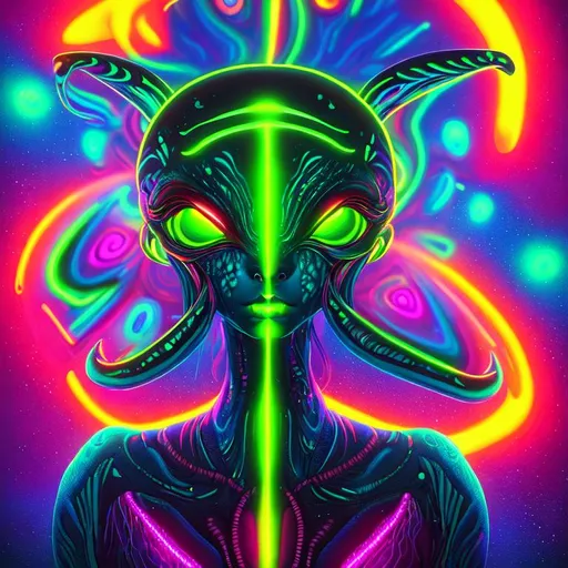 Prompt: Hypnotic illustration of an Alien and America, hypnotic, psychedelic art, pop surrealism, dark glow neon paint, mystical, Behance, 4k, 8k, UHD, professional, studio lighting, unreal engine