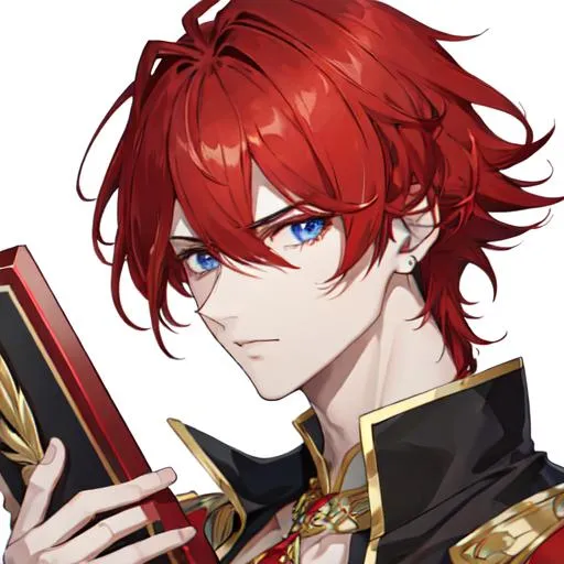 Prompt: Zerif 1male (Red side-swept hair covering his right eye) king, UHD, highly detailed, award-winning, detailed