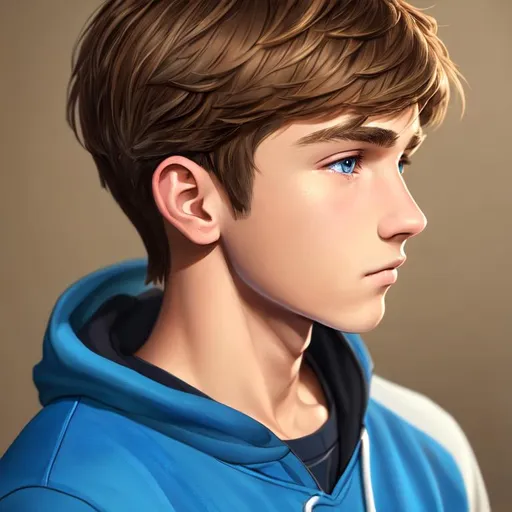 Prompt: Young looking 15 year old boy (square jaw)+++ with short light brown hair and big blue eyes wearing a sweat shirt, profile picture, high quality, meticulously detailed, painted in water color, painting, concept art, boyish, caucasion, round nose, drawn, painting, curved nose bridge, stylized, profile