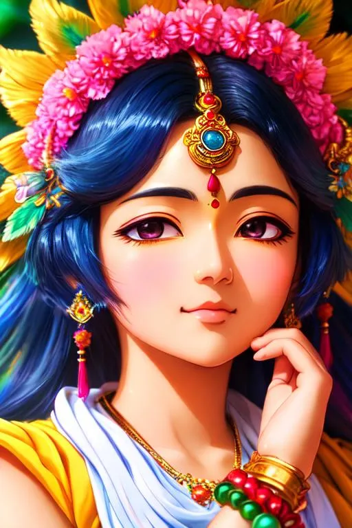 Prompt: Studio Ghibli anime style, vivid colors, HDR, photo Shri Krishna blessing, palm showing, hand raised, detailed face, detailed skin, cinematic, depth of field, low iso