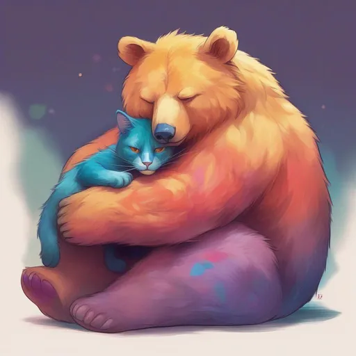 Prompt: A house cat cuddling on top of a bear in a colourful and semi-realistic painted style