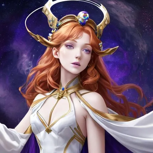 Prompt: Space goddess with flowy ginger hair, white, purple, and blue silk dress, and gold headpiece