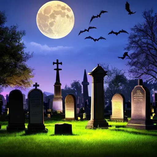 Prompt: high-res, quality upscaled image, perfect composition, 18k composition, 16k, 2D image, cell shaded, features, graveyard, cemetery, bird's eye view, overhead graveyard, graveyard fantasy, spooky cemetery, nighttime, spooky, cemetery, bones, skeleton, scary, gravestones, worn down, old, tathered, moon out, bats, vampire bats, ghosts, bats in sky