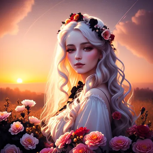 Prompt: portrait painting of a beautiful girl, style of Fragonard and Yoshitaka Amano (messy long flowing
 white hair), sunset, ((inricate black gothic gown)) flowers, delicate, soft, ethereal, luminous, glowing, dark contrast, celestial, trails of light, 3D lighting, soft light, backlit, vaporwave