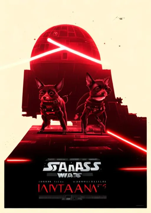 Prompt: Two Black and White Chihuahuas Dogs in a Starwars Universe, With Light Saber , Death Star , Lasers, Red Galaxy Background , cinematic lighting Art Style, high resolution , Poster , 