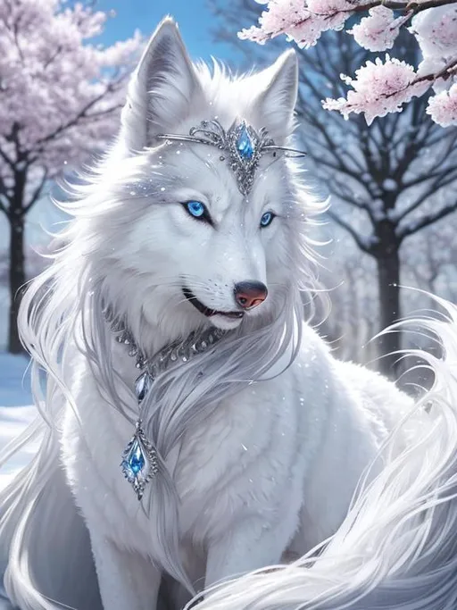 Prompt: highly detailed Portrait of alluring fantasy silvery-white ((wolf)), gorgeous, stunning, billowing voluminous mane, gleaming ice blue eyes, photorealistic quality, in magical environment, furry tail, cherry blossoms, sakura trees, frosted blossoms, snow dusted fur, silver scarves, highly stylized face and tail, extremely beautiful, presenting magical jewel, magical silver scarf, intricate detailed, extremely complex art, ray tracing, thick glistening mane, masterpiece, close up, extreme close up, mid close up, by Thomas Kinkade, by Ismail Inceoglu, trending on Instagram, artstation, highly detailed eyes, 8k eyes, HARDWARE Photographic Art Direction, WLOP 5, realistic canine body, centered, anime Character Design, Unreal Engine, Beautiful, Tumblr Aesthetic,  Hd Photography, Hyperrealism, Beautiful oil Painting, Realistic, Detailed, Painting By Olga Shvartsur, Anne Stokes, Svetlana Novikova, Fine Art