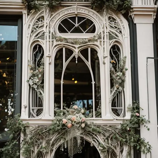Prompt: a brilliantly detailed and illustrative art nouveau style wedding windows and arch including forest floral and ethereal elements