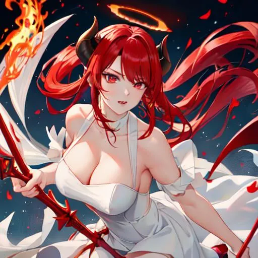 Prompt: Haley with bright red hair pulled back, UHD, highly detailed, fire around her. demon horns,  left angel wing, right demon wing. halo, holding a rapier, fighting, fallen angel, wearing a wedding dress