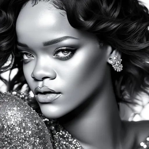 Prompt: Rihanna hyper detailed perfect face, beautifu, sucubus, full body, long legs, perfect body, high-resolution cute face, perfect proportions, smiling, intricate hyperdetailed hair, light makeup, sparkling, highly detailed, intricate hyperdetailed shining eyes, Elegant, ethereal, graceful, HDR, UHD, high res, 64k, cinematic lighting, special effects, hd octane render, professional photograph, studio lighting wearing a dress of diamonds 