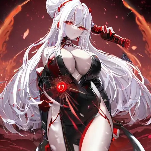 Prompt: a beautiful cute girl with white hair, and lights on her body which is light red. with black angel like wings, and fire like black clothing which is fancy. at an volcano. a red aura around her, and fluffy hair. with a fancy and glorious weapon in her hand. with her are in a cobra bun, with fancy accessories and vampire like teeth.