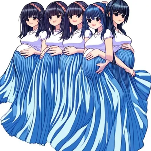 Prompt: There are multiple pregnant anime girls who are all wearing blue pleated long skirts. The hair of the anime girls are long and straight.

The pregnant anime girls are holding their baby bumps.
