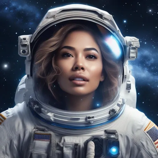 Prompt: A beautiful, hyper realistic,  hyper detailed perfect face, buxom woman, full bodied image, falling through space, galaxies, nebulas and stars