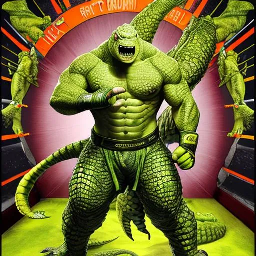 Prompt: brock lesnar green saltwater crocodile yellow eyes scale-skin reptilian with matching tail full body portrait standing pose for fighting wearing mma gloves