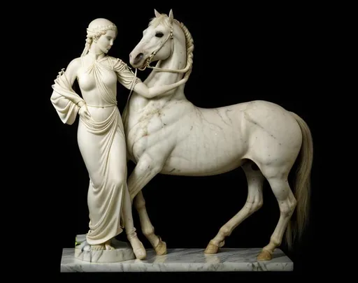 Prompt: woman and horse, marble