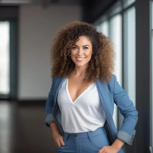Prompt: An attractive 35 year old woman with very curly hair, elegant, large eyes, modern, stylish makeup, full body view, white tshirt with a jacket and blue jeans, happy, smiling, (erotic), office background