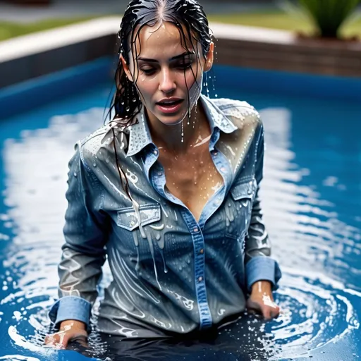 Prompt: drenched woman stepping out of pool, wet clothes clinging, fully clothed in long jeans and long sleeved shirt , shining wet, detailed soaked wet fabric texture, high quality, wet and soaked skin, small water droplets dripping from clothes, wet clothes stuck to body, showing body outline, under wear