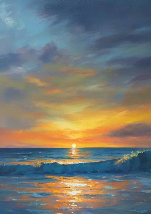 Prompt: sunset, sea, oil paint, bluish