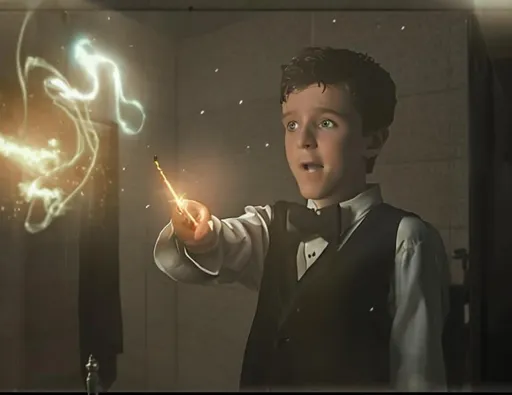 Prompt: 13 year old boy in a tuxedo casting a crazy magic spell from the outside of a bathroom stall with his magic wand, but the spell he cast happens on the inside of the bathroom stall because he cast the spell on the person inside who is warring a T shirt 
