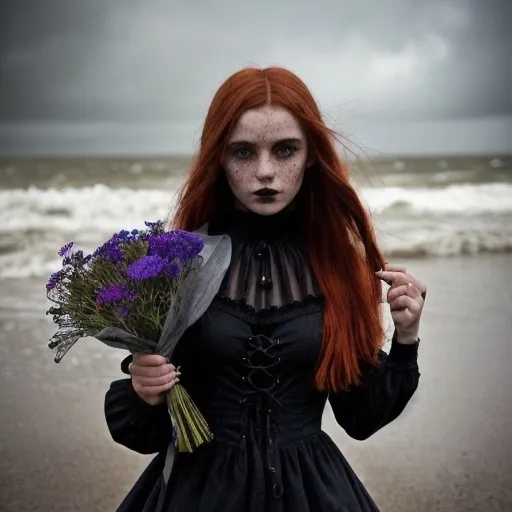 Prompt: <mymodel> Gothic styled young girl with freckles, holding a bunch of wildflowers. Bright blue eyes. Long detached copper colored hair wind-blown. wearing a Gothic dress. Walking on the UK Southwold pier. Midday. Heavy storm, strong gale. Dark clouds.  Vivid color saturation. dramatic light, dreamlike light, photorealism, ultra detail, cinematic light, 100mm, f 1.2 --ar 6:9 --testp --style raw