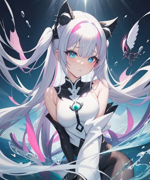Prompt: girl, solo, hands behind back, busty, long hair, twintails, smooth skin, bangs covering one eye, goth mage, green-red-blue eyes, black leggings, 8k, fullbody, {{good looking}} {{cute}} {{good body}} {{tight}}, symmetrically colored soft pink hair, {{shadows}},