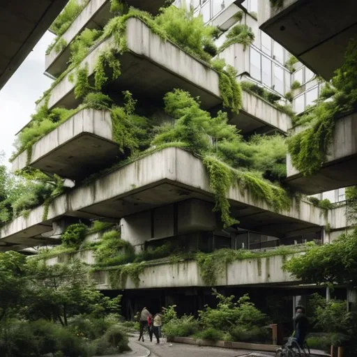 Prompt: people in dystopian biophilic green places like eco brutalist buildings surrounded by trees and plants 