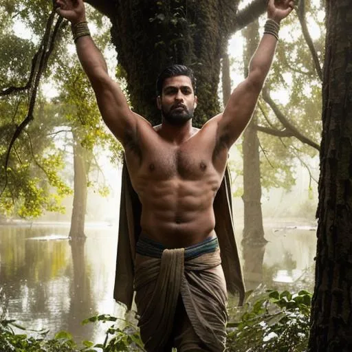 Prompt: "a hyperreal scene of hyperreal handsome rugged warrior hunk boy", indian weapon, ""hyperreal "detailed" face"", hanging from a tree in a dense forest at moonlight, wearing shawl and dhoti, sweaty hairy chest, river, depth of field, arena, perfect composition, hyperrealistic, super detailed, 8k, high quality, trending art, trending on artstation, sharp focus, studio photo, intricate details, highly detailed, by greg rutkowski