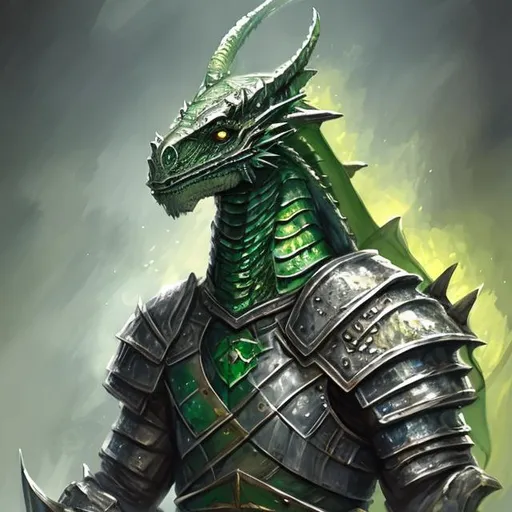 Prompt: Painting of a green dragonborn in full plate mail, large sword, portrait, digital painting, realistic 