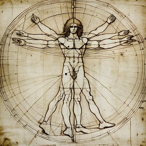Prompt: Vitruvian man by Leonardo da Vinci, illustration