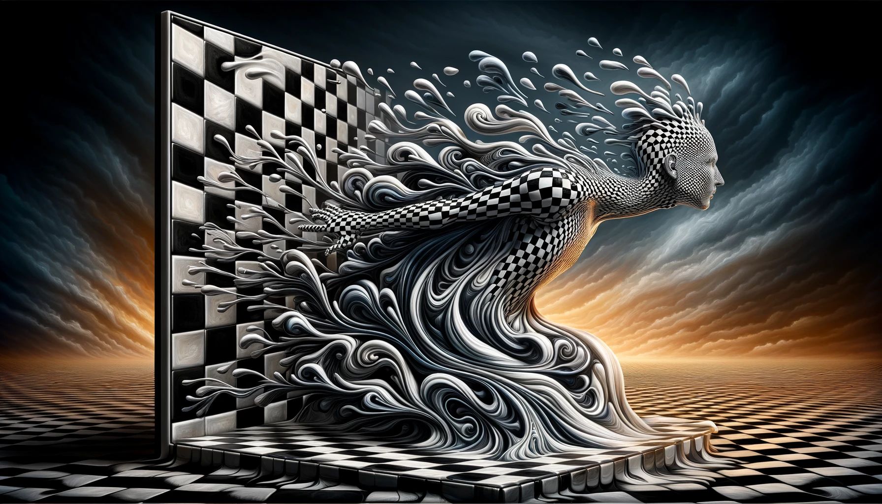 Prompt: A surreal checkerboard patterned entity emerging from a liquid checkerboard, with the scene exuding a sense of fluid motion and transformation. The entity should appear more evolved from the previous version, integrating more complex patterns and a sense of depth. The checkerboard pattern should be intricate and highly detailed, giving a three-dimensional appearance that suggests a further stage of evolution in this abstract, artistic concept. The background should complement the entity, with a similar checkerboard motif that flows and merges seamlessly with the figure, all contained within a wide frame.