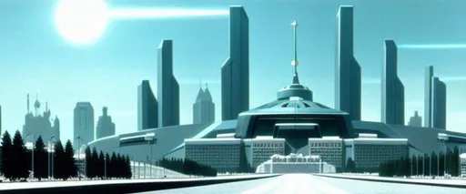 Prompt: Futuristic USSR metropolis at noon, DVD Screengrab from 1999 film