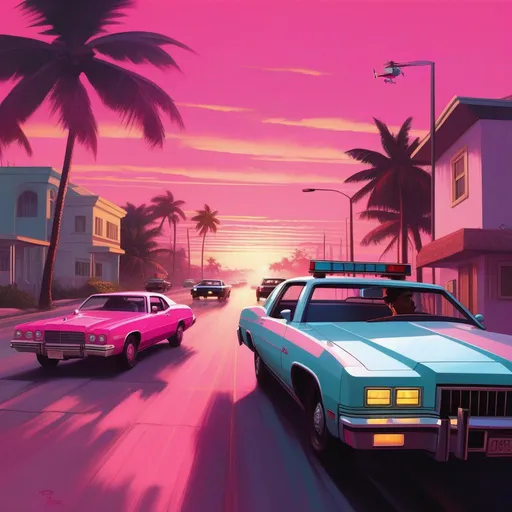 Prompt: GTA Vice City, car chase, cops, cartoony, pink atmosphere, extremely detailed painting by Greg Rutkowski and by Henry Justice Ford and by Steve Henderson