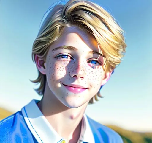 Prompt: Hyperrealistic Hyperrealism front view of face (headshot) (straight forward view) facing camera Beautiful young teen boy, (kid cole sprouse)+++ blond boy, straight hair, happy eyes, innocent, boy model, 16 years old, pretty, cute, freckles, cinematic lighting, blue sky, bright colors, blue, green, yellow, white,  luminous, hyperdetailed, great composition, professional, artstation award