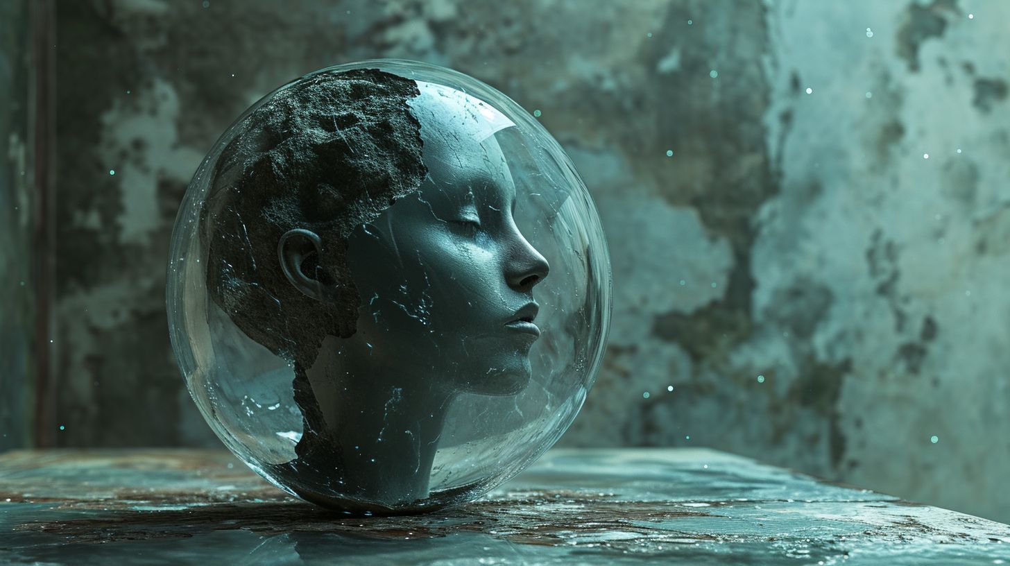 Prompt: A surreal illustration of a human head encapsulated within a clear glass vessel, rendered in the style of a digital painting.