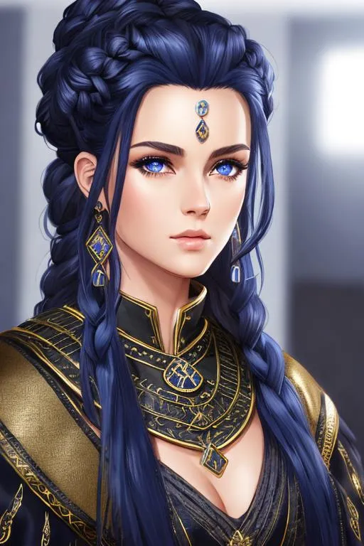 Prompt: young black female , dark blue long hair, very beautiful face, long hair, and, blue eyes , straight eyebrows, viking hairstyle, norse updo, viking updo,
perfect composition, photo realistic, super detailed, high quality, sharp focus, studio photo, intricate details, highly detailed