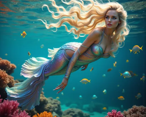 Prompt: photorealistic, (stunning mermaid), intricately designed traditional metallic but with rainbows outfit infused with a spectrum of colors and overlayed with shavings of intricate shimmering crystals throughout. Her long, flowing hair cascades down her back, transitioning through a spectrum of colors that reflect the underwater light. The outfit is intricately designed with scales that glisten like precious metals, enhancing her ethereal beauty. She swims gracefully in a tranquil underwater scene, surrounded by colorful coral reefs and schools of fish. Soft beams of light filter through the water, illuminating her iridescent skin and creating a magical atmosphere. The scene captures the fluidity of her movement, emphasizing elegance and grace in her serene oceanic environment. vibrant underwater setting, ethereal ambiance, shimmering scales reflecting light, delicate details in texture, peaceful gaze, flowing hair, magical atmosphere, high-quality, ultra-detailed, enchanting color palette.