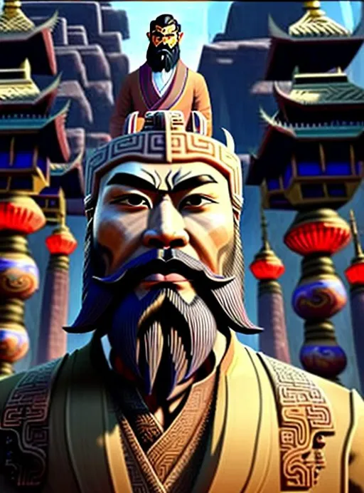 Prompt: A captivating image emerges - a bearded Asian man donning a unique fusion of Eastern and Western attire. His long necktie adds a touch of formality, while his overcoat robe makes his outfit look like a business suit. He radiates strength, resembling a terra cotta warrior wearing a necktie. The scene is set amidst the backdrop of domed buildings, evoking a realistic and picturesque landscape. The photograph captures the essence of this intriguing blend, inviting viewers to delve deeper into the fusion of cultures.
