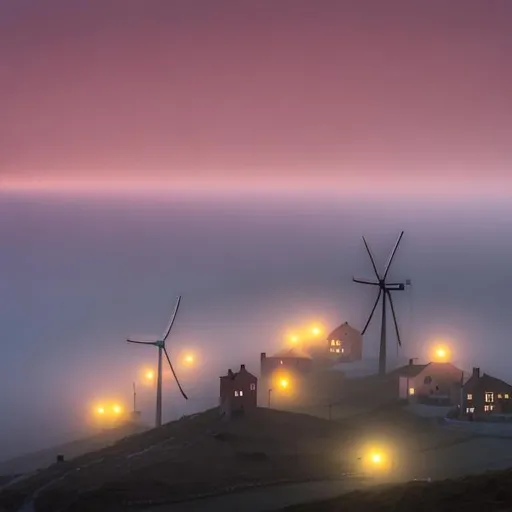 Prompt: Houses and windmills in odd places at night on hills with fog