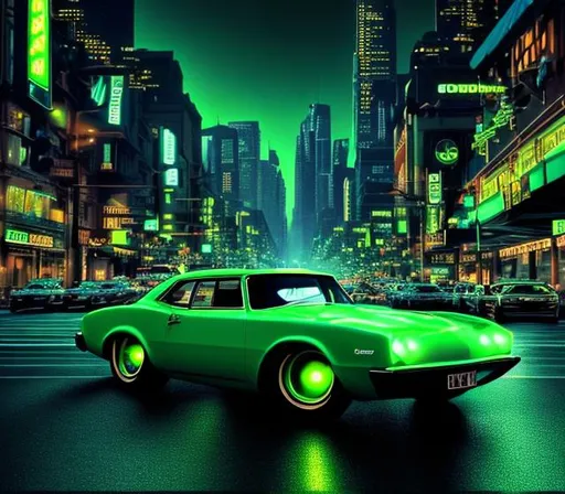 Prompt: Cars retro, lamp color green and blue , hd, 4k, real, highly detail, backgroud city highly detail, 