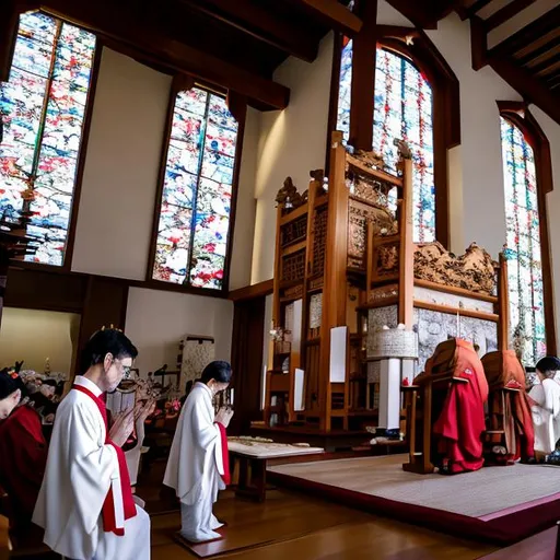 Prompt: At the altar, a Japanese priest, wearing traditional vestments with subtle Japanese motifs, leads the congregation in prayer, alternating between Latin and Japanese. The sounds of Gregorian chant blend harmoniously with the resonant tones of traditional Japanese instruments, creating a captivating fusion of sacred melodies.
