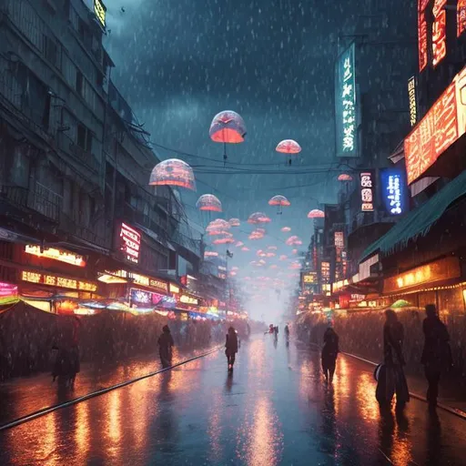 Prompt: Disrupting daily scene, on centered realistic character, details, epic, realistic, photo, cinematic, floating lights, diffusion, umbrellas in the sky, rising sun, reflective wet ground,