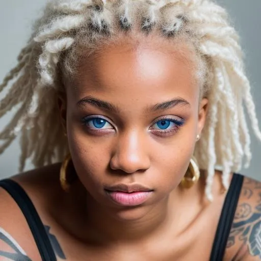 Prompt: albino black girl 20yo, blue eyes, tattoo