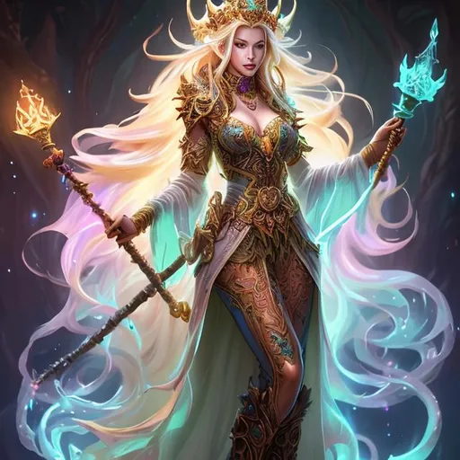 Prompt: Full body splash art of a female zombie lich sorceress, very long dirty blonde hair, wearing long light-colored iridescent pastel robes, carrying a wooden staff, D&D, fantasy, intricate, highly detailed, sharp focus, digital painting, artstation, concept art, 4k, 8k